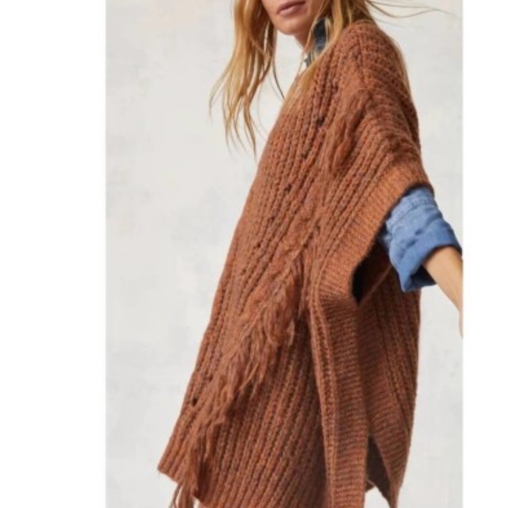 Anthropologie Rust-Brown Cable Fringe Poncho - Picture 2 of 6